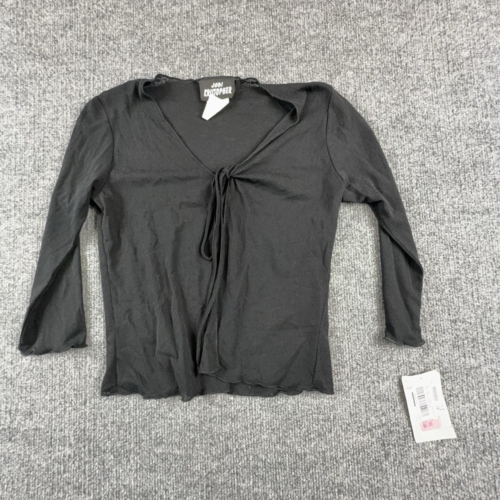 Jodi Kristopher Blouse Womens Small Black V Neck Tie Front Long Sleeve Top